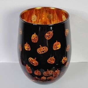Way to Celebrate Stemless Wine Glass Pumpkins Orange & Black Halloween